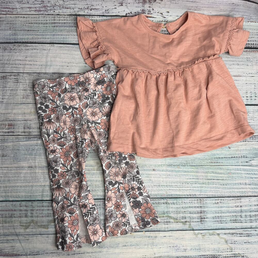 Haute Hippie Kids 12M Floral Leggings Pink Ruffle Tunic Top 2 Piece Outfit